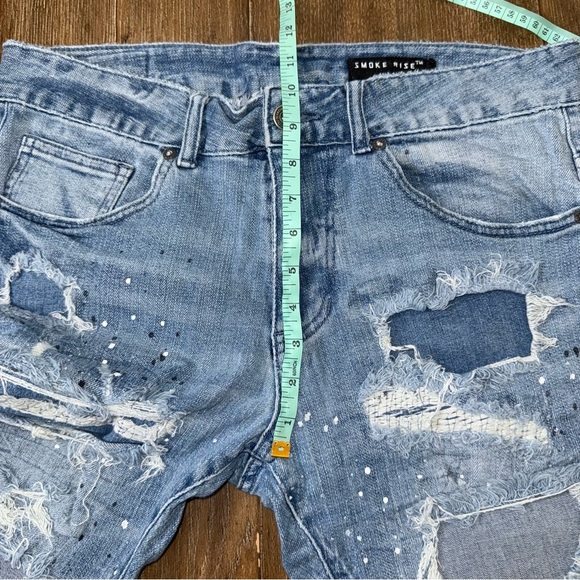 Smoke Rise Denim Shorts Distressed Patched Paint Splatters Blue - Picture 5 of 8